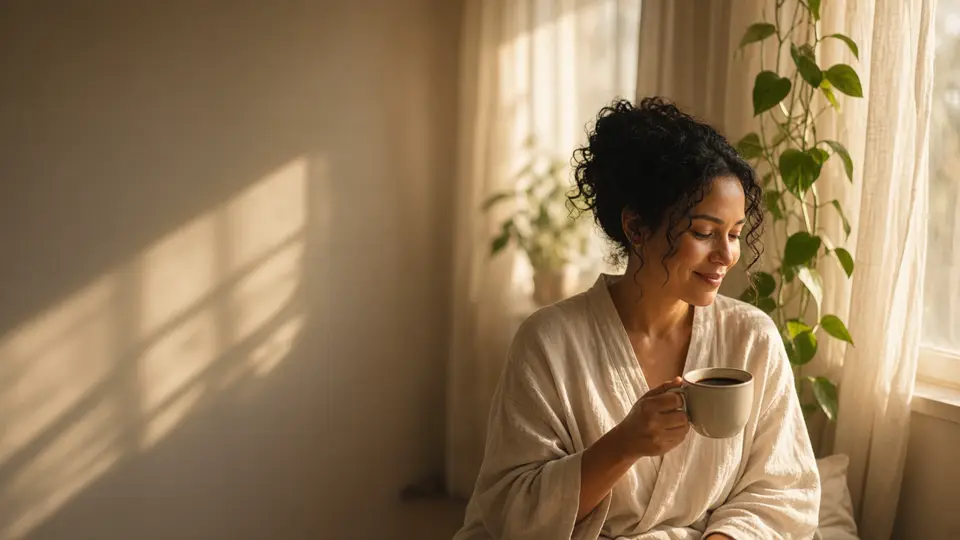 Mulher tomando café ao lado da janela, com a luz da manhã